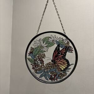 Glassmasters Suncatcher Monarch Butterfly Daisies 6.25" Made In USA Vintage